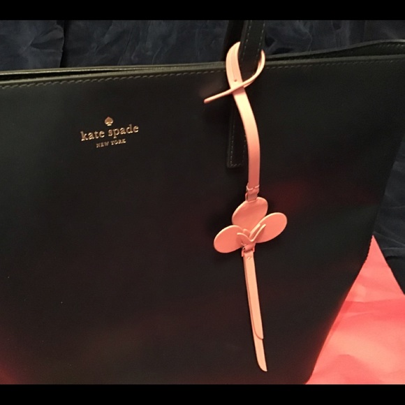 Kate Spade blue tote w/ pink flower, leather, EUC - Picture 2 of 8